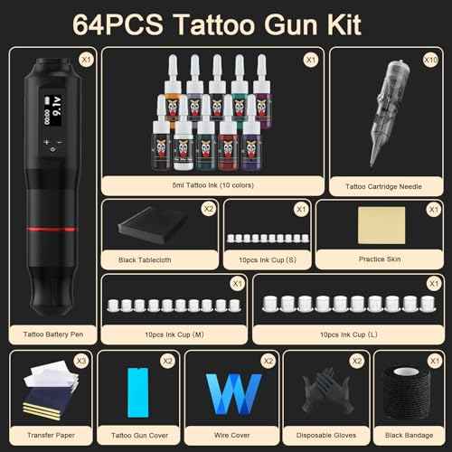 Cordless Tattoo Gun Kit - Professional Tattoo Machine Set with LED Display Rotary Tattoo Pen, Complete Tattoo Supplies Kits with 10Pcs Tattoo Cartridge Needles for Beginners (Black, 64 pcs)