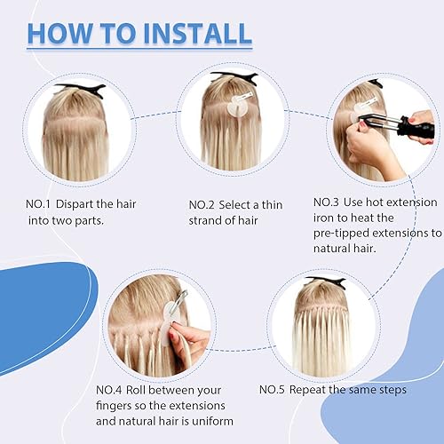 24Inch I Tip Human Hair Extensions Balayage Ash Blonde to Platinum Blonde Highlight Pre Bonded Hair Extensions Ombre Balayage 50 Strands 50G Keratin Stick Tip Remy Hair