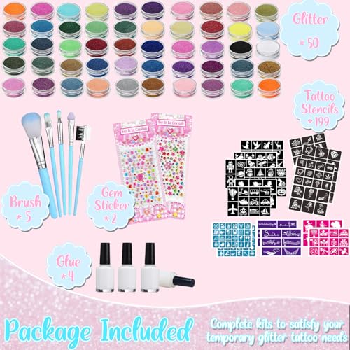 TEUVO Glitter Tattoo Kit for Kids, 50 Glitter Colors, 199 Stencils, 2 Gem Stickers, 4 Glue, 5 Brushes Body Face Arts Glitter Makeup Temporary Tattoos for Girls Halloween Christmas Birthday Party Gifts