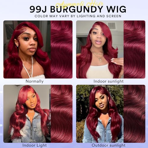 22 Inch 99j Burgundy Lace Front Wigs Human Hair 13x4 HD Red Burgundy Wig Human Hair 200% Body Wave Lace Front Wigs Pre Plucked Glueless Frontal Wigs for Women