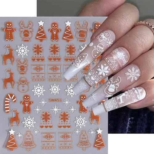 8Sheets Christmas Nail Stickers, Winter Nail Decals 3D Self-Adhesive Red Green Snowflake Bell Xmas Tree Reindeer Winter Nail Design Holiday Nail Art Decoration for Women Girls