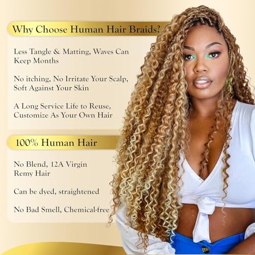 Highlighted Multi-Blonde Braiding Human Hair for Boho Knotless Braids, Ombre 27/613 Curly Braiding Hair Deep Wave Human Hair Bulk, No Weft Blonde Extensions 22 Inch 100G FULL BULK