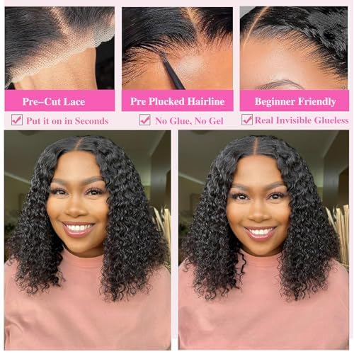 Glueless Curly Wigs Human Hair Pre Plucked Pre Cut Curly BOB Wig Human Hair 5x5 HD Lace Closure Deep Wave Wigs for Black Women Wear and Go 180 Density Wig 16 inch