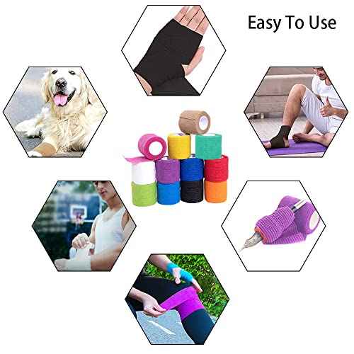 Tattoo Machine Tape, 12 Pcs Self-Adhesive Bandage 2" x 5 Yards Tattoo Grip Wrap Cover Breathable Cohesive Elastic Bandage Rolls for Tattoo Machine Tube Accessories, Sports Tape (12Pcs Mixed)