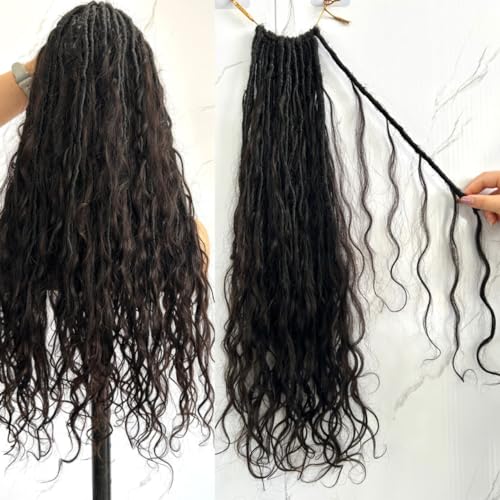 Pre-looped Crochet Boho Faux Locs with Human Hair body wave Ends Boho Hair Braids Goddess Dreadlocks Hair for Black Women Natural Color 18 Inch (Pack of 1)
