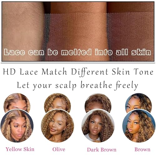 Ombre 4/27 Highlight Wear And Go Glueless Wigs Human Hair Pre Plucked Pre Cut 4/27 Honey Blonde Wig Human Hair Short Curly Bob Wig 180% Density Water Wave Lace Front Wigs For Black Women 14 Inch