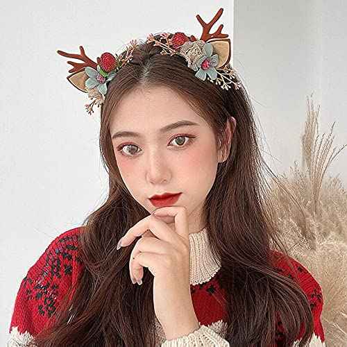 QUUPY Christmas Deer Antlers Flower Berry Headband Crown Floral Headband Christmas Boho Headdress Party Headwear Hair Hoop Christmas Hair Accessories for Women Girls