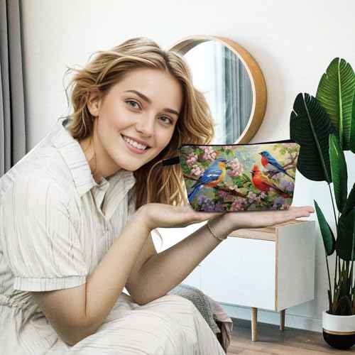 Floral Bird Makeup Bag Cute Small Organizer Bag with Zipper Floral Bird Cosmetic Bag Aesthetic Birthday Present for Women Sisters Friends -1