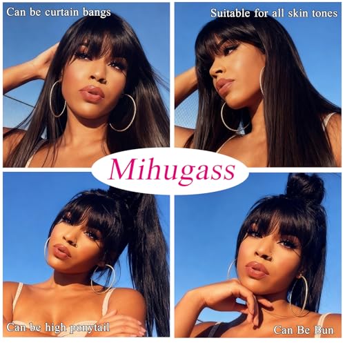 Human Hair Lace Front Wig, 200% Density Brazilian Virgin Hair, Natural Black, Straight Style with Bangs, 2x4 Lace Closure Wig Glueless Design for Women(12 Inch)