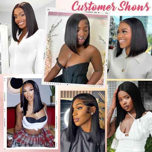 Bob Glueless Wigs Human Hair Pre Plucked Pre Cut 14 Inch 9x6 HD Lace Closure Wig Short Bob Glueless Wigs Human Hair Black Straight Wig Human Hair Wear and Go 200% Density for Women