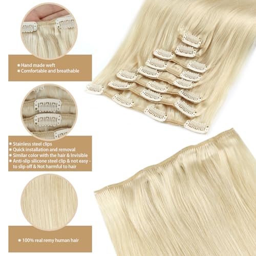 ABH AMAZINGBEAUTY HAIR Clip in Hair Extensions Real Human Hair Blonde Human Hair Clip ins Straight Remy Human Hair Clip ins #60 Platinum Ash Blonde 18 Inch 8pcs With 18 Clips 120G
