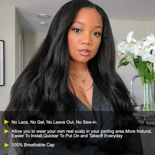 Sunber V Part Wig Human Hair Glueless Wig Kinky Straight Upgrade No Leave Out Vpart Kinky Straight Wigs 150% Density Glueless Clip in Half Wigs No Glue No Sew in Beginner Friendly 16Inch