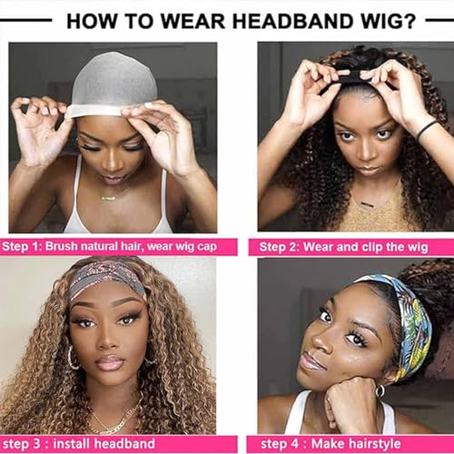 Ombre Highlight Headband Wig Human Hair #4/27 Colored Kinky Curly Headband Wig for Black Women Glueless None Lace Front Human Hair Wigs Brazilian Virgin Hair Wear and Go Wigs 150% Density 20 Inch