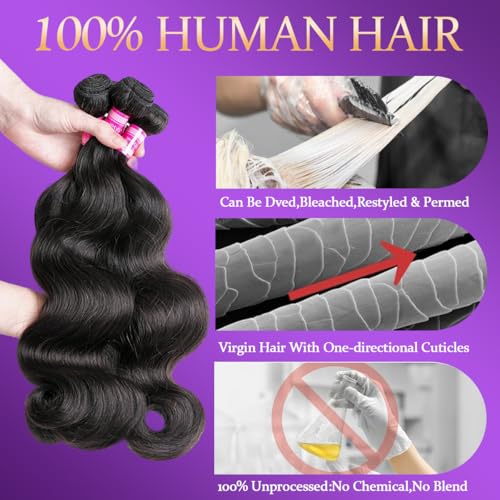 12A Body Wave Bundles with Closure Human Hair 3 Bundles 14 16 18+12 Inch with 4x4 HD Lace Closure 100% Brazilian Virgin Quick Weave Natural Black