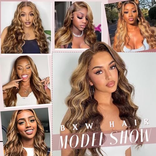 BXW Highlight Ombre Lace Front Wig Human Hair 13x6 Blonde Highlight Body Wave Lace Front Wigs Human Hair 4/27 Colored Deep Wave Wig 200% Density Honey Blonde With Frontal Wigs For Women 30Inch