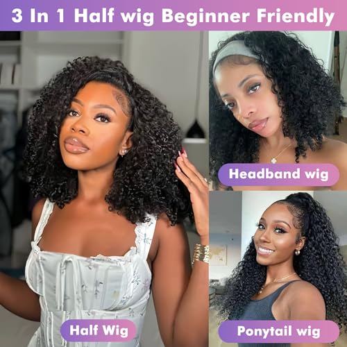 Kinky Curly Half Wig Human Hair 180% Density 3 In 1 Seamless Flip Over Half Wigs Human Hair Glueless Wear and Go Beginner Friendly 14 Inch Drawstring Headband Wig Human Hair for Women Natural Black