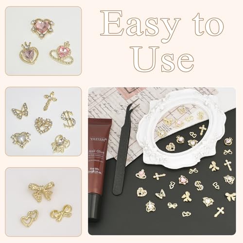 12 Grid Gold Nail Charms Kit - Crystal Pink Heart, Sparkly Dollar Sign, 3D Cross Butterfly Bowknot Charms - Y2K with Glue Gel, Tweezer for Women DIY Crafts Decoration