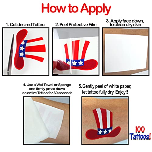 4th of July Temporary Tattoos | 100 USA Temporary Tattoos | American Flag, USA, Temporary Tattoos | 4th of July Party Props | USA Game Day Party Decoration | American theme Party Favors | by Anapoliz