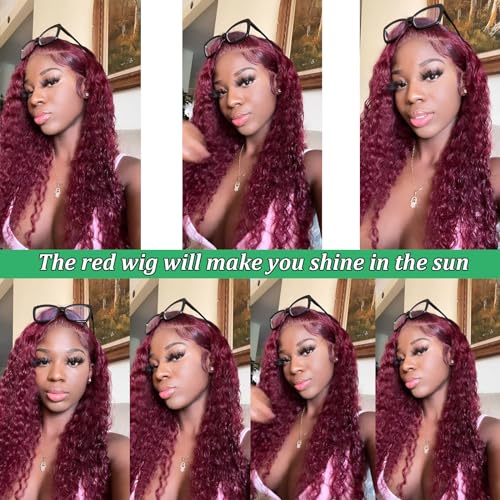 BeautyGrace Red Deep Wave Lace Front Wigs Human Hair 180% Density 13x4 99J Burgundy Human Hair Lace Front Wigs For Fashion Black Women (22 Inch)