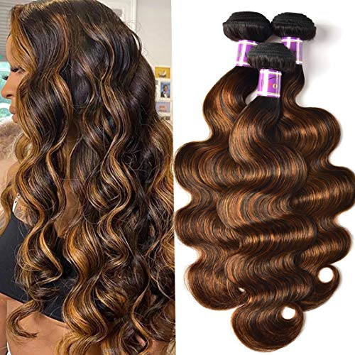 UNice Ombre Brown Highlight Body Wave Human Hair Weave 1 bundle 20 inch, Brazilian Remy Hair Dark Root Blonde Human Hair Weaves Extension Piano Color TFB30
