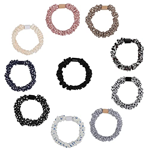 Hair Ties Silk Satin Scrunchies - Small Mini Thin Elestics Ponytail Holder Hair Bands Skinny Scrunchy For Thick Curl Hair No Crease Hair Ties Soft Accessories No Hurt Your Hair for Women and Girls (Bright series)