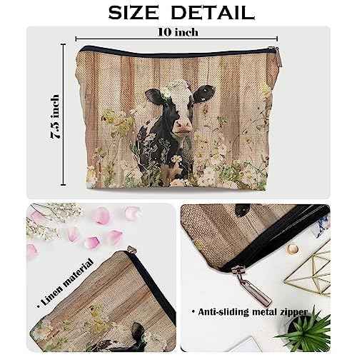 Ayxvt Rustic Watercolor Baby Dairy Cow Daisy Flower Farmhouse Cosmetic Bag Decorative Women's Makeup Bag Zipper Pouch Travel Toiletry,Cow Lover Gifts