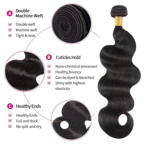 12A Human Hair Bundles Body Wave Bundles Human Hair 3 Bundles 20 22 24 Inch 100% Unprocessed Brazilian Virgin Hair 100g/Bundle Real Human Hair Extensions Natural Black