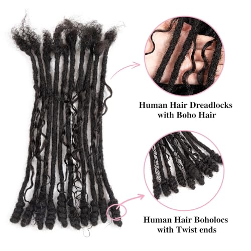 0.6 cm Human Hair Dreadlocks with Twist Ends 8 inch 30 Strands Boholocs Human Hair Handmade Dreadlock Extensions Natural Black Color Can Be Dyed Bleached Curled(1B#, 8 Inch-30 Strands)