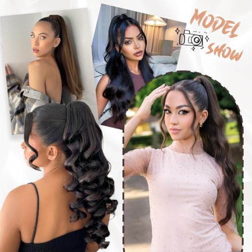 Ponytail Extension Human Hair 16 Inch Natural Black to Medium Brown Silky Straight Clip in Hair Extensions Wrap Around Ponytail Hair Piece for Girls(16 Inch Natural Black to Medium Brown #1BP4 85G)
