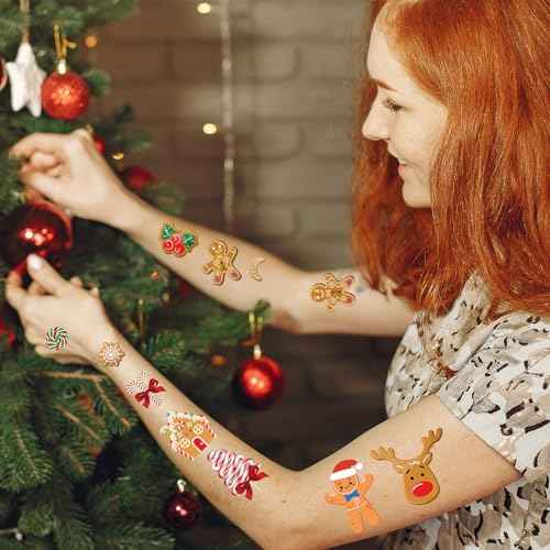 Merry Christmas Gingerbread Temporary Tattoos - 8 Sheets 280 Pcs Birthday Party Decorations Cute Man Cookies Tattoo Stickers for Boys Girls Xmas Party Favors Decor Gifts