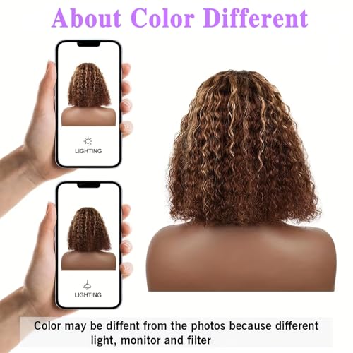 14 Inch Bob Wig Human Hair Highlight Ombre 13x6 lace front wig human hair 200% Density Real Human Hair Pre Plucked Deep Curly Short Bob Wigs for Women 4/27