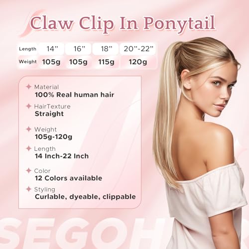 Human Hair Claw Clip Ponytail Extension 100% Real Human Hair Clip-In Extensions for Women Long Straight Pony Tails 14 Inches 105g #18P613 Light Blonde mixed Bleach Blonde