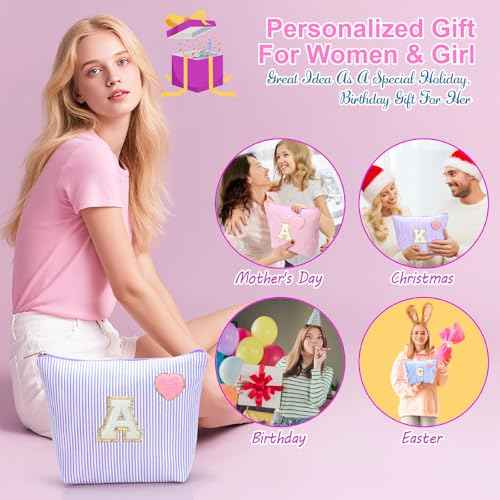 Initial Makeup Bag Personalized Preppy Cosmetic Bag Trendy Toiletry Travel Bag For Teen Girls Kids Women Letter Makeup Pouch Purse Holiday Gifts Birthday Christmas Gifts 2pack (A, Blue)