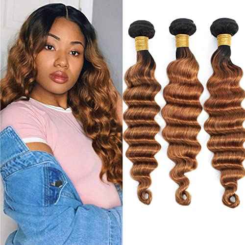 Ombre Loose Deep Wave Bundles Human Hair 1B/30 Unprocessed Brazilian Virgin Human Hair 3 Bundles Two-tone Dark Root Loose Wavy Curly Bundle For Women (T1B/30, 10 12 14)