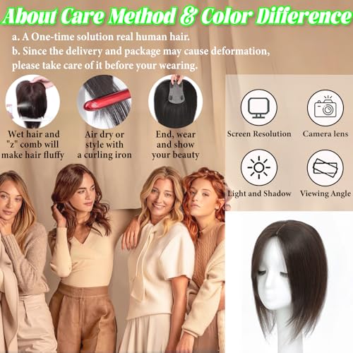 Rootoo Hair Toppers for Women Real Human Hair, 16 Inch Realistic Biological Scalp Topper Hair Pieces for Women with Thinning Crown with Middle Part Clip in Bangs Big Base 360¡Æ Cover (Dark Brown)