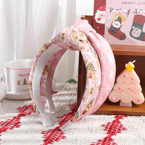 Christmas Knotted Headband for Women Christmas Tree Snowflake Headbands for Girls Snow Headband Christmas Headwear Hair Accessories Pink