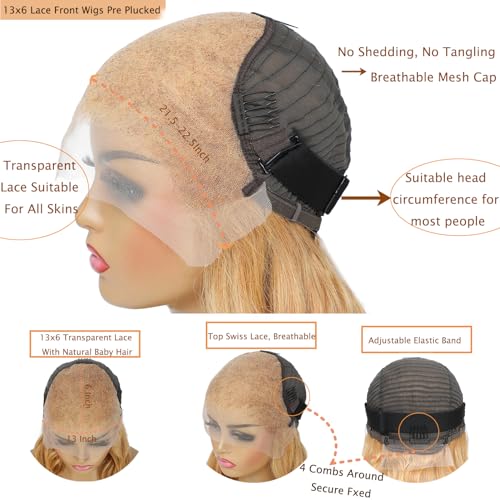 Honey Blonde Lace Front Wig 13x6 HD Lace Front Wigs Human Hair Pre Plucked 27# Blonde Body Wave Lace Wig 180 Density Colored Glueless Frontal Wigs For Black Women Human Hair 13x6 22 Inch