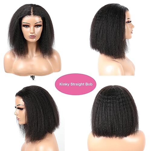 BLY 6x4 HD Lace Glueless Bob Wig Classic Yaki Human Hair Kinky Straight Hair Ready to Wear and Go Short Bob Lace Pre Cut Pre Plucked for Women Natural Black Color Hair 16 Inch