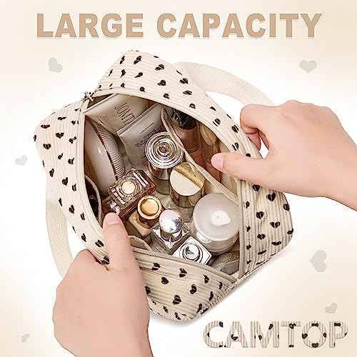 CAMTOP Makeup Bag Women Girls Corduroy Cosmetic Bags Travel Toiletry Purse Zipper Pouch (Black Heart)
