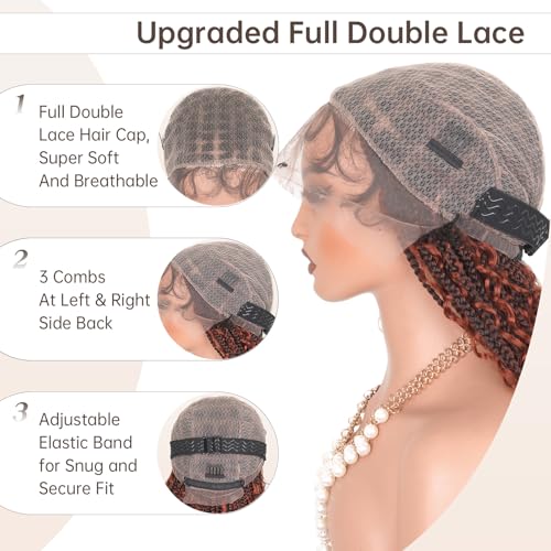 Knotless Boho Braided Wigs for Black Women Full Double Lace Human Hair Blended Synthetic Box Braids Wig with Bohemia Curly Ends (1B350, 28 Inch)