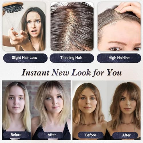 starluck Hair Toppers for Women Real Human Hair with Bangs 4.5"*5.5"Large Base 10 Inch 100% Real Human HairToppers for Women with ThinningHair(ombre Light Brown)