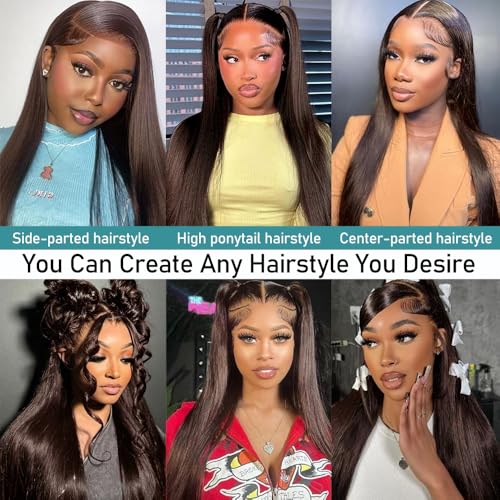Azkiu 32 Inch Chocolate Brown Lace Front Wigs Human Hair 13x6 Straight HD Lace Front Wigs Pre Plucked Straight Human Hair 13x6 HD Frontal Human Hair Wig for Women 200 Density