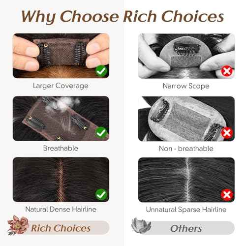 Rich Choices Hair Toppers for Women Real Human Hair 100% Human Hair Toppers for Women Clip in Silk Base Remy Hair Topper 7 Inch onyx