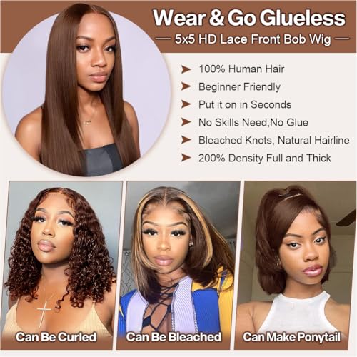 Wear and Go Glueless Bob Wig Human Hair 200% Density 5x5 HD Lace Closure Wigs For Black Women Glueless 5x5 Closure Wigs Human Hair Pre Plucked Bob Brown Color 14 Inch