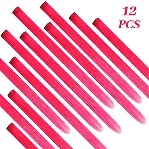 YaFex 12 Pcs Clip in Hair Extensions, 22 Inch Colored Hair Extensions Party Highlights Long Straight Synthetic Hairpieces for Women Kids Girls (Hot Pink)