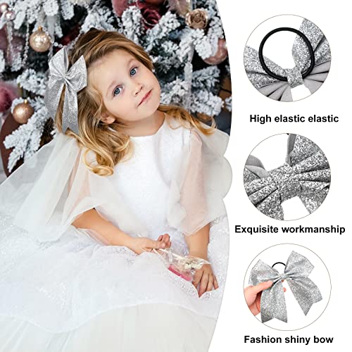 Yunsailing 40 Pcs 8 Inch Large Glitter Cheer Hair Bows Bulk, Shiny Cheerleading Bows Ponytail Holder for Cheerleader Girls Softball Sports and Christmas Tree Decor(Silver)