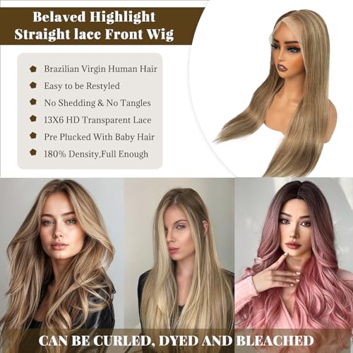Highlight Lace Front Wigs Human Hair Ombre 13x6 Straight HD Lace Front Wig Light Brown to Brown with Ash Blonde Glueless Lace Frontal Wig for Women 180% Density Pre Plucked with Baby Hair 16 Inch
