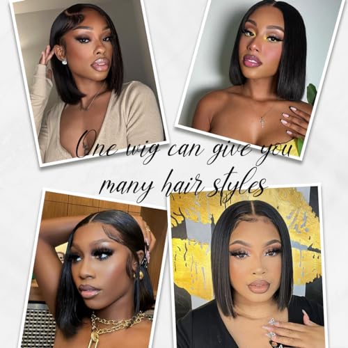 RECOOL Bob Wig Human Hair 5x6 Lace Front Straight Short Wigs for Women Glueless Brazilian Virgin Human Hair Bleached Knots Wear And Go Pre Plucked with Baby Hair for Black Women Natural Black 10inch