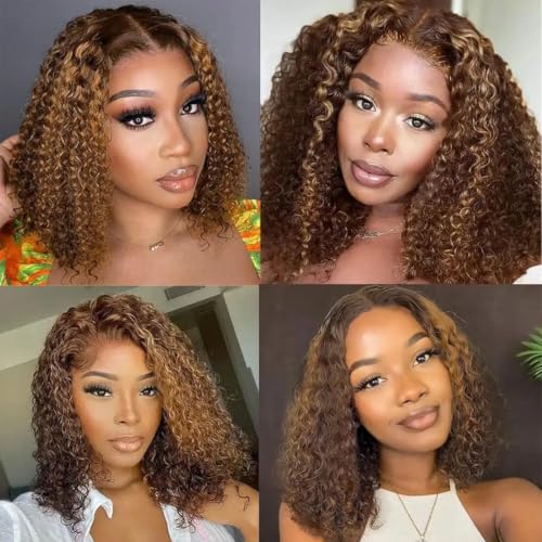 Glueless Wigs Human Hair Pre Plucked Pre Cut 4/27 Highlight Ombre Honey Blonde Curly Bob Wig for Beginners 4x4 Deep Wave Lace Closure Glueless Wigs for Black Women 14 Inch