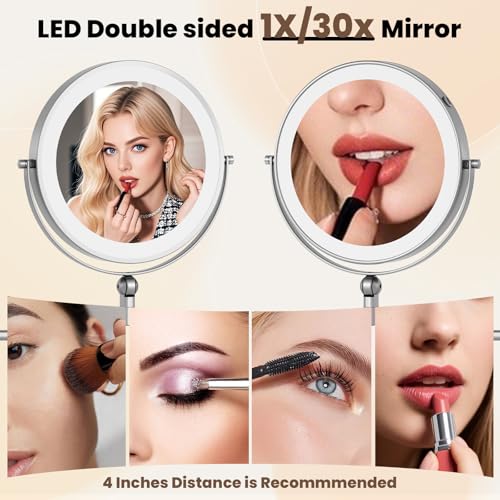 Rocollos 9-Inch Large Makeup Mirror with 30X Magnification, Rechargeable Wall Mounted Vanity Mirror with Lights, 3 Color Dimmable LED, Touch Screen & Retractable Arm-Black (9INCH-Chrome)